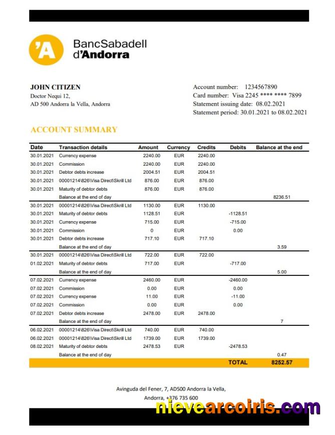 Andorra BancSabadell d’Andorra bank statement in Excel and PDF format